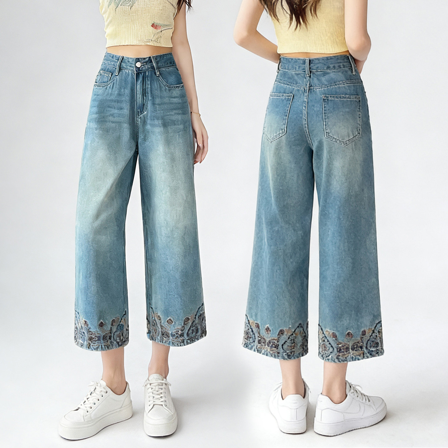 刺绣花边阔腿牛仔裤女2026春夏新款宽松高腰修身显瘦休闲九分裤,女装/女士精品,牛仔裤,淘宝优惠券,粉丝福利购,淘宝优惠卷
