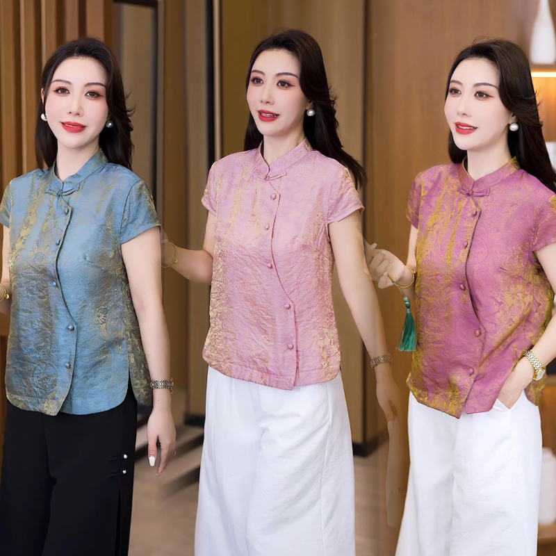 夏季2025超火国风女装短袖衬衫洋气质宽松显瘦立领盘扣新中式上衣