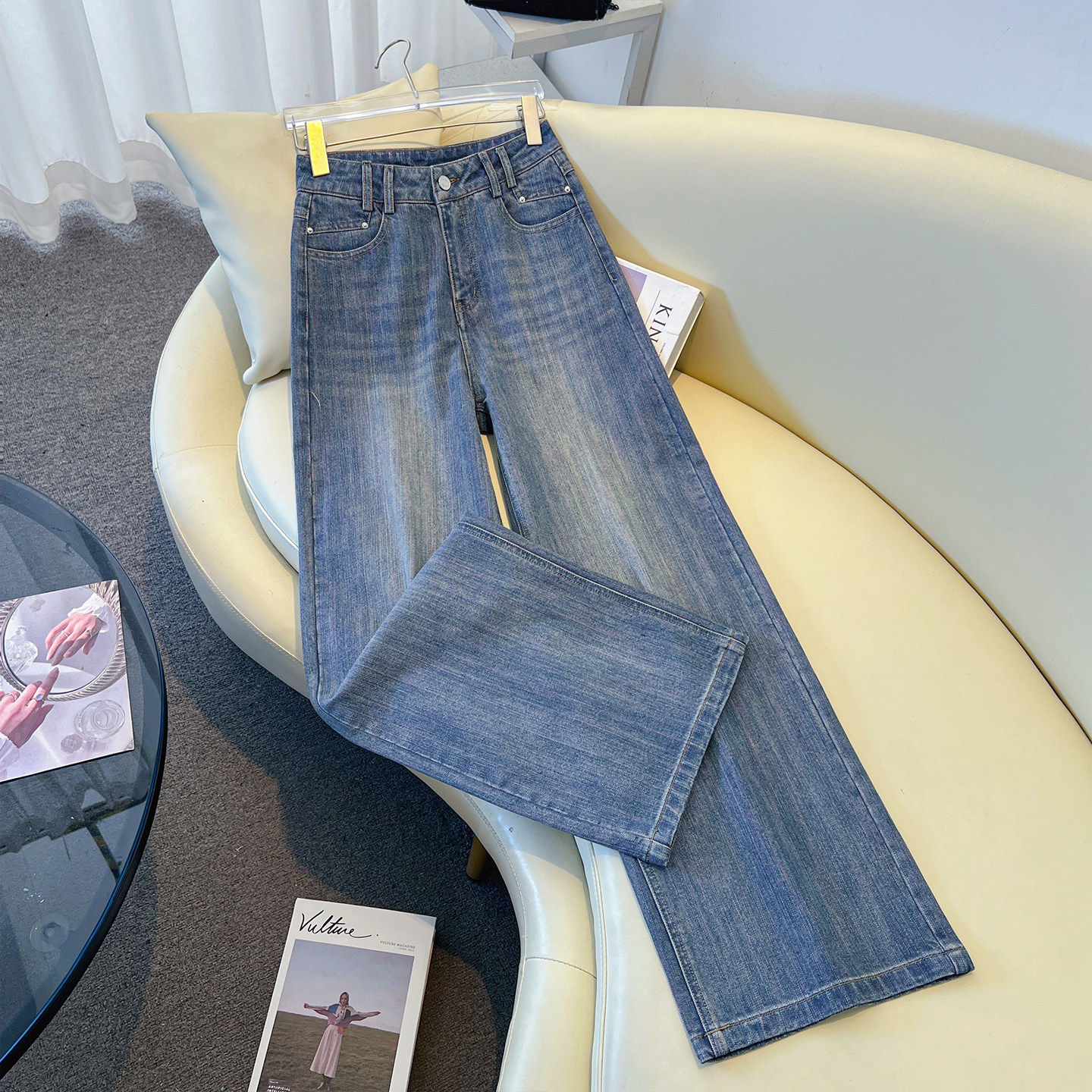 高腰浅蓝色阔腿牛仔裤女款2025春秋新款窄版直筒显瘦宽松拖地长裤