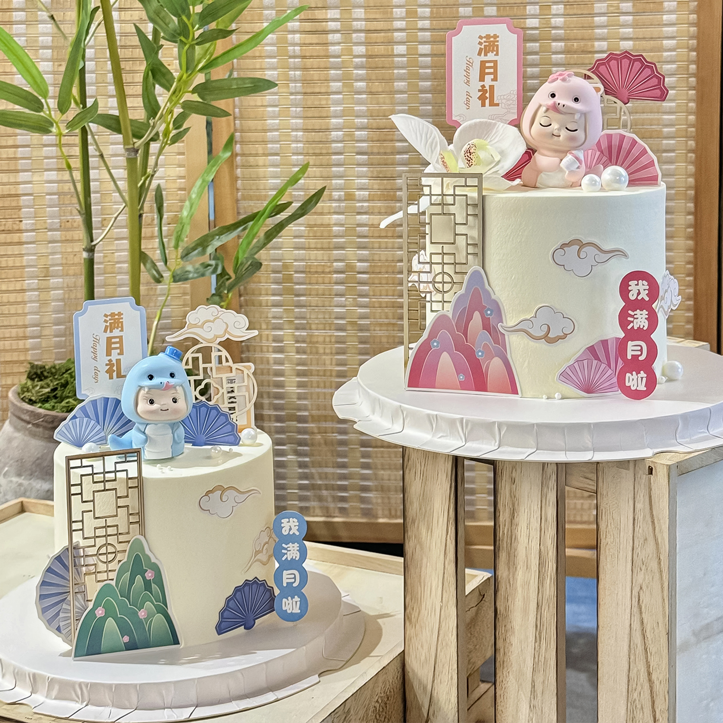 新中式粉蓝系蛇宝宝满月百天蛋糕