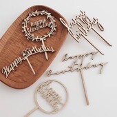 森系手写字母简约木质生日蛋糕装 饰插牌英文生日快乐烘焙插件