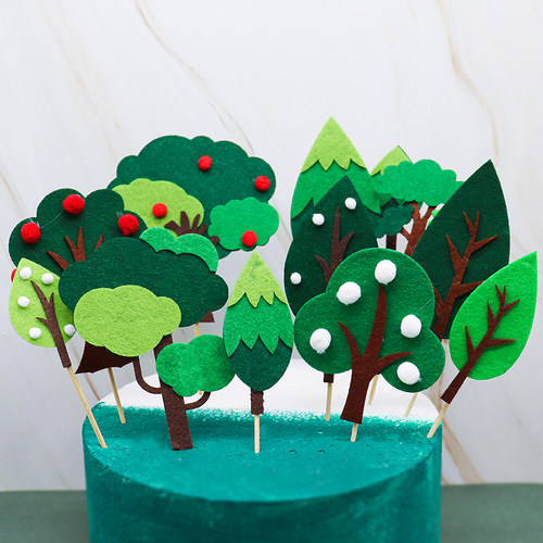 网红森林无纺布绿色小树生日布置蛋糕装饰插件毛毡树插牌烘焙插签