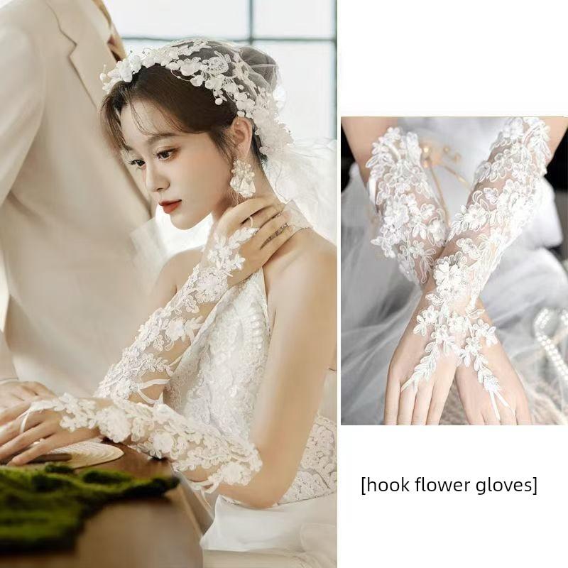 蕾丝花短婚纱手套，美丽的森林礼服配件，高端舞台表演道具，显瘦