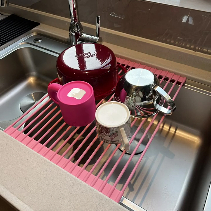 厨房水槽碗筷沥水架碟抹布水池洗碗窄边菜板水杯餐具收纳帘超伸