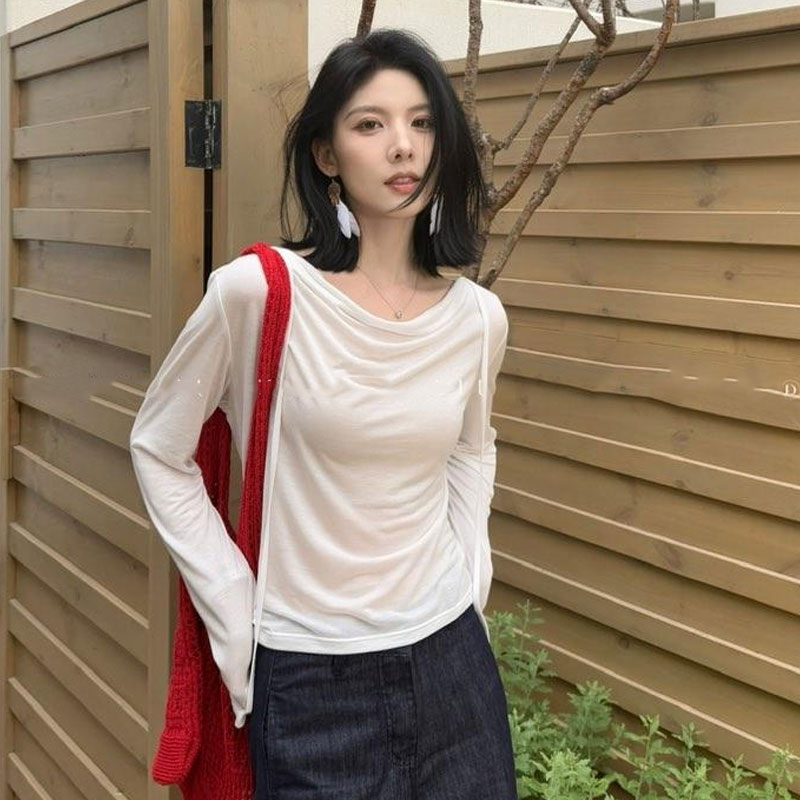 法式白色长袖荡领防晒t恤女夏季显瘦薄款罩衫独特超好看露肩上衣