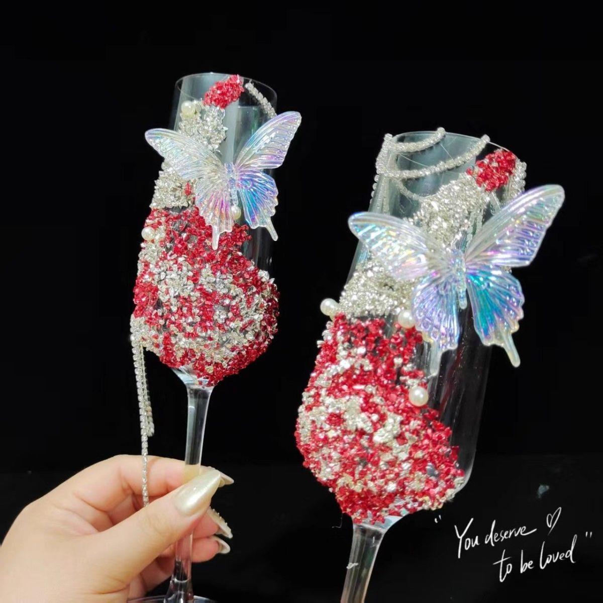 爆款ins风蝴蝶碎钻敬酒杯diy材料包送闺蜜朋友订婚新婚礼物拍照