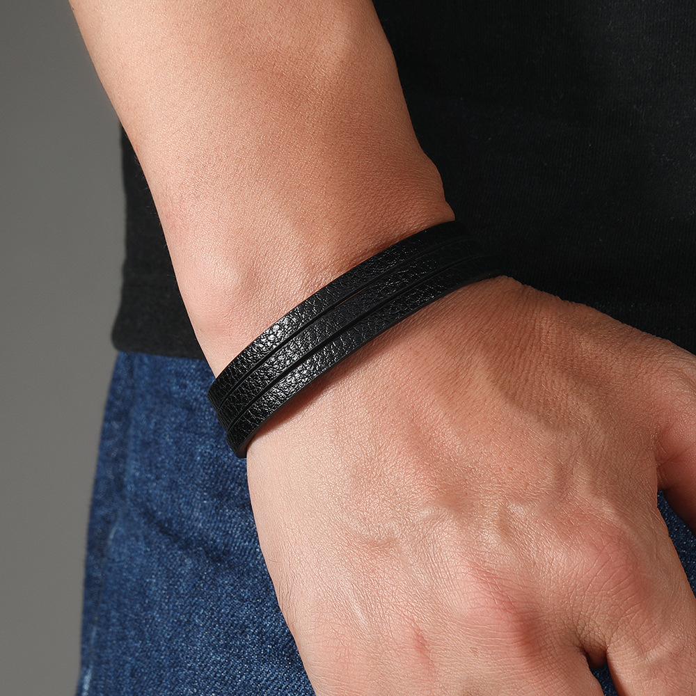 欧美复古皮革多层手镯简约时尚皮手链潮流男士手环朋克风饰品百搭