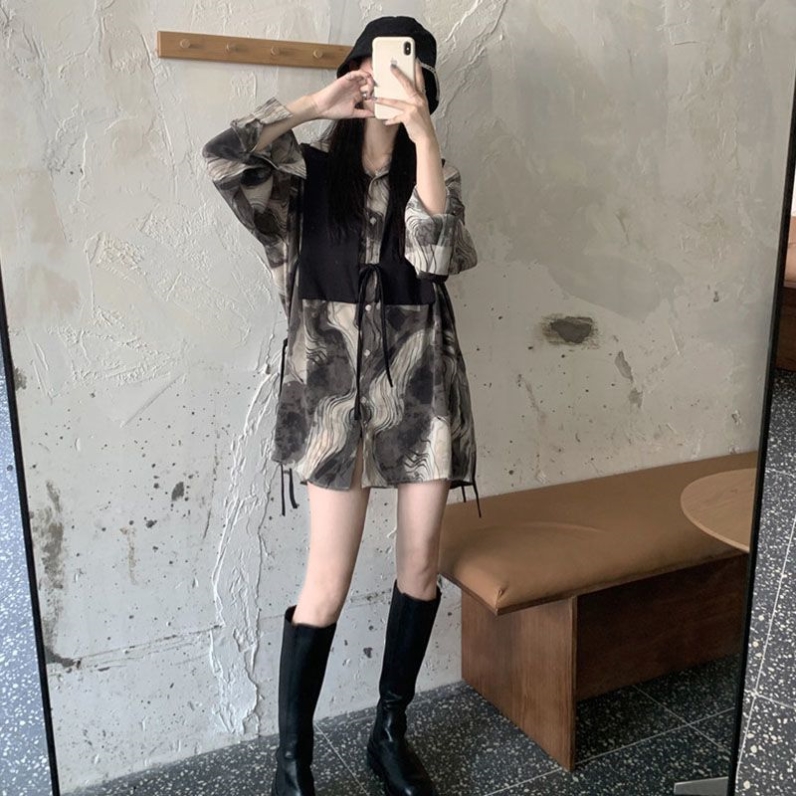 个性上衣女潮复古扎染长袖衬衫女春夏季新款百搭衬衣叠穿设计感小