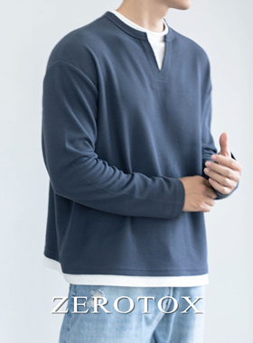 GZX ZEROTOX华夫格叠穿假两件V领棉混纺长袖卫衣男撞色宽松上衣