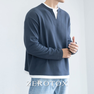GZX 卫衣男撞色宽松上衣 ZEROTOX华夫格叠穿假两件V领棉混纺长袖