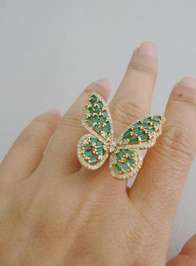 76B-38开口可调节金色绿锆石蝴蝶女士戒指原始内径1.7CM