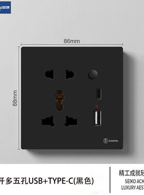 赞牌86型暗装多功能五孔二三插带UB+TYPE-2.1A黑色开关插座