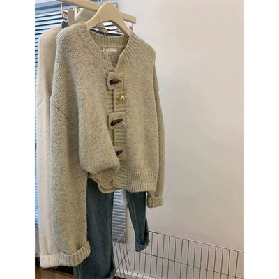 复古牛角扣毛衣外套女202