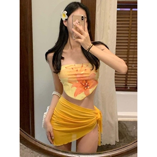 泳衣女士高級感印花顯白超性感比基尼三件套海邊度假 2025新款