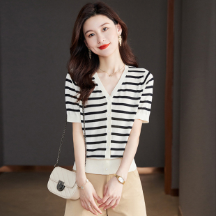 曲珠冰丝短袖针织开衫女薄款外套黑白条纹夏季外搭披肩V领短上衣