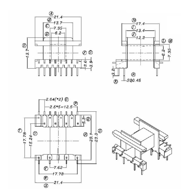 变压器电源磁芯骨架卧式加宽4+4