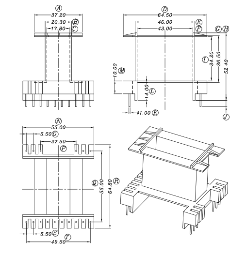 ee55变压器高频磁芯装双骨架立式