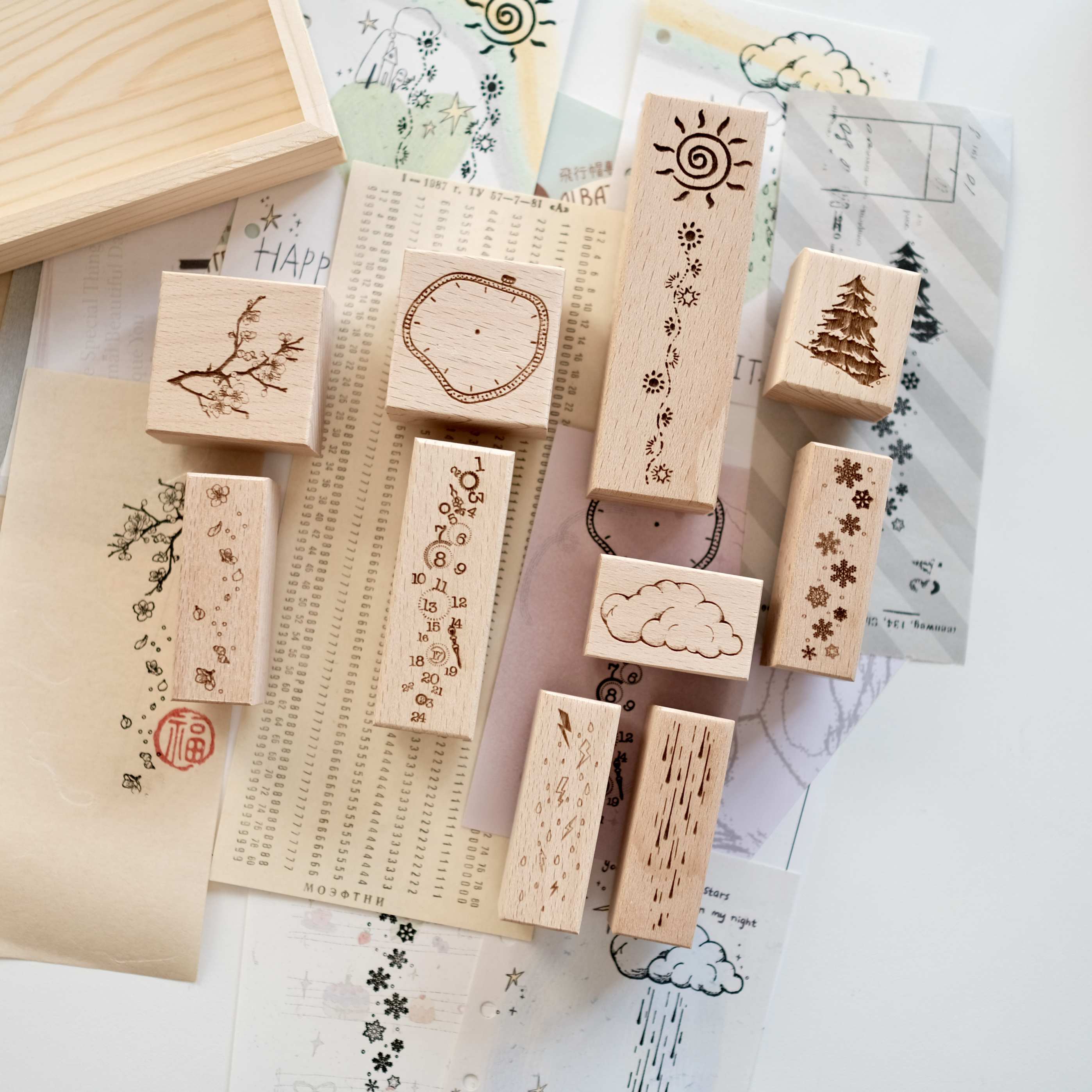 两只浣熊|【有趣的时间轴】手帐实木印章图章时钟数字云朵雨滴
