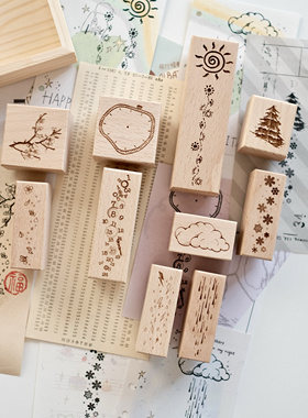 两只浣熊|【有趣的时间轴】手帐实木印章图章时钟数字云朵雨滴