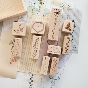 两只浣熊|【有趣的时间轴】手帐实木印章图章时钟数字云朵雨滴