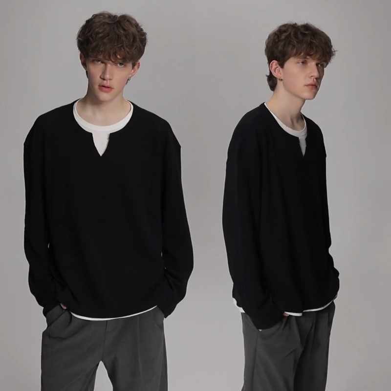 华夫格假两件V领长袖T恤卫衣