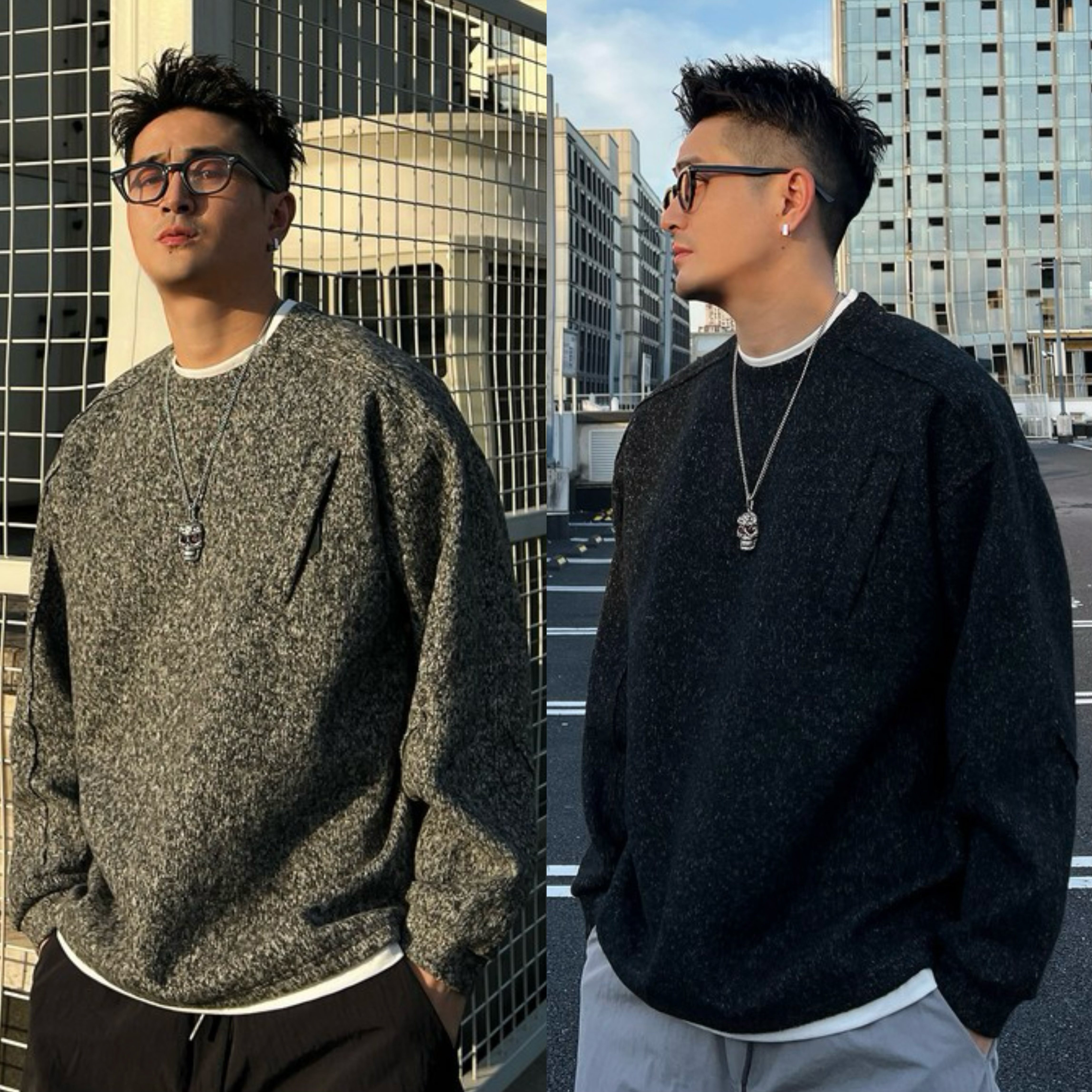秋冬新款磨毛加厚假两件打底圆领卫衣男时尚百搭立体剪裁休闲上衣