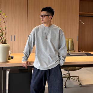 秋季新款韩版重磅棉简约百搭纯色长袖T恤男士宽松休闲长袖打底衫