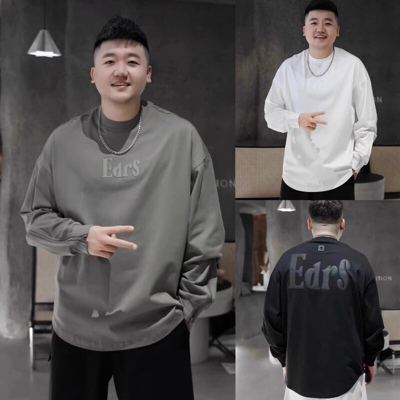 秋季新款潮流时尚圆领卫衣男宽松百搭印花棉质打底衫袖口拉链T恤