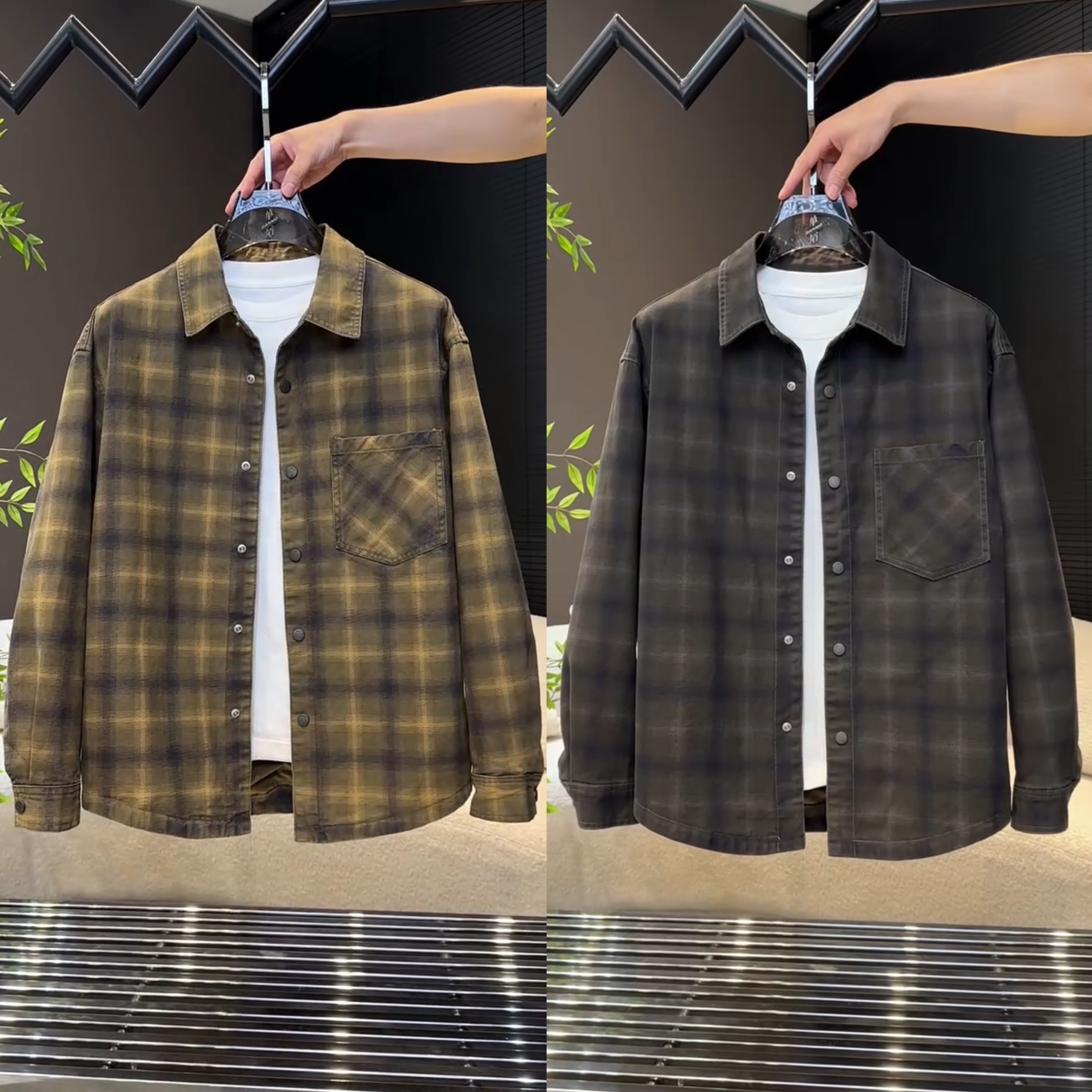 2025秋季牛仔格子衬衫翻领外套男百搭宽松高级感休闲衬衣翻领夹克