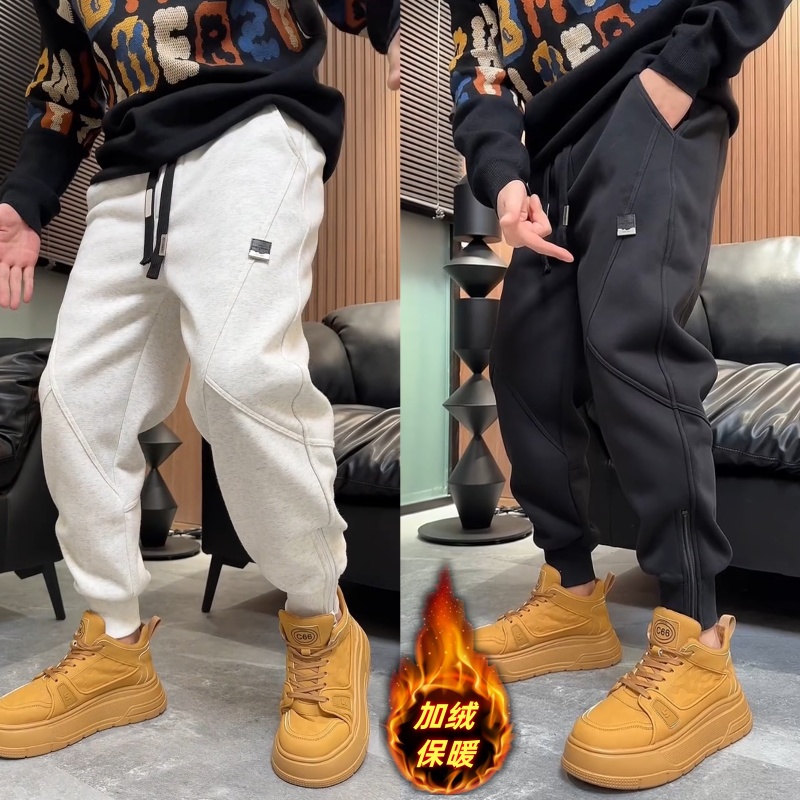 春季新款纯色重磅加绒卫裤男