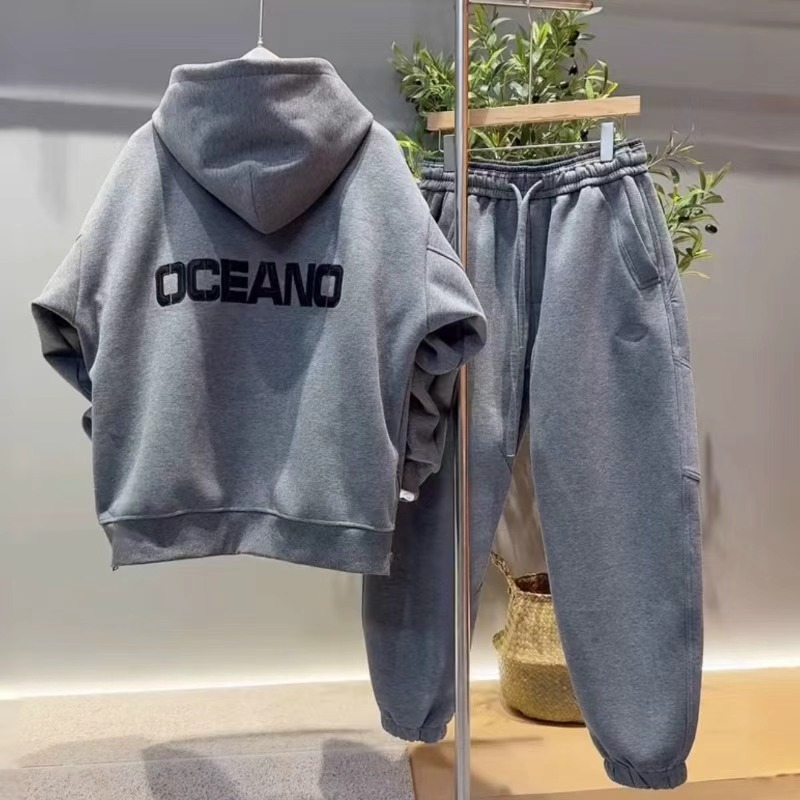 秋冬爆款重磅加绒保暖休闲套装男宽松连帽拉链套头卫衣长裤两件套