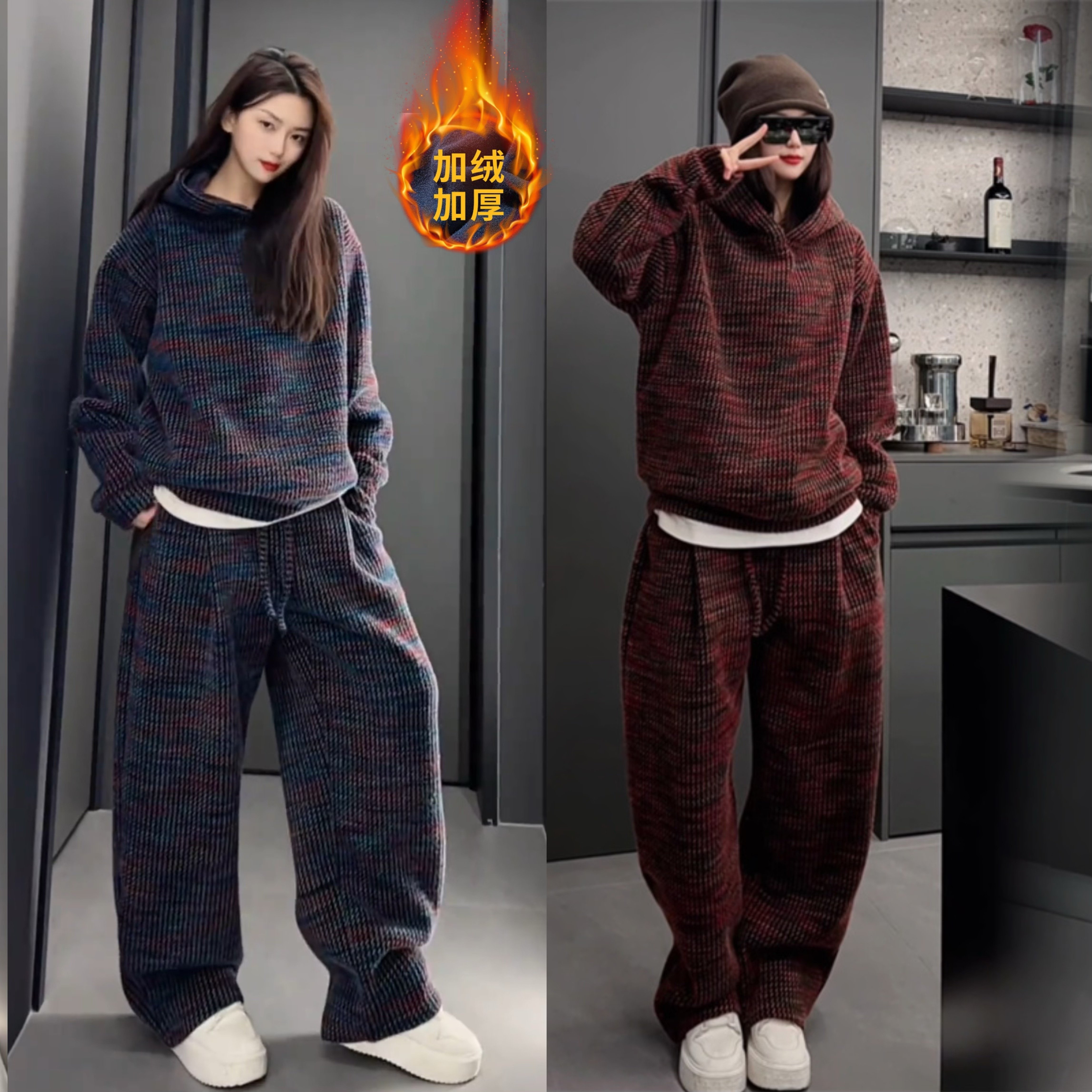 冬季新款加绒保暖休闲套装男时尚潮牌连帽卫衣休闲裤两件套情侣款,男装,休闲运动套装,淘宝优惠券,粉丝福利购,淘宝优惠卷