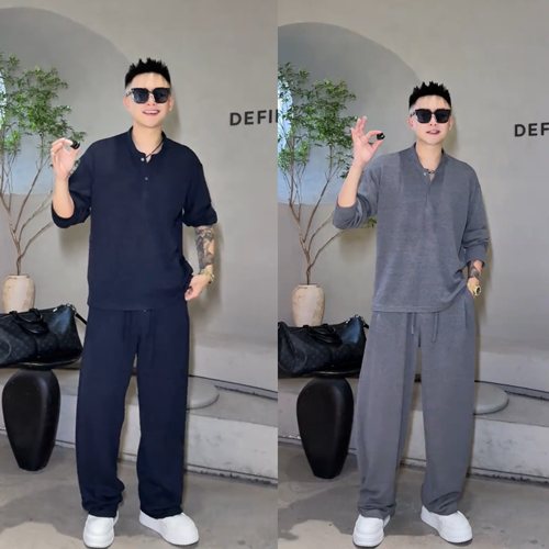 夏季老钱风轻奢针织休闲套装男士