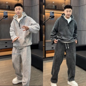 冬季加绒加厚时尚休闲套装男士银丝斜条纹半拉链帽衫休闲裤两件套