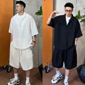 男简约宽松短袖 夏季 短裤 套装 超薄假两件天丝短袖 立领衬衫