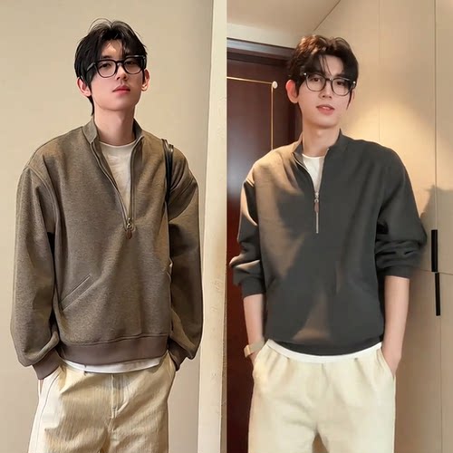 秋冬老钱风假两件半拉链卫衣男