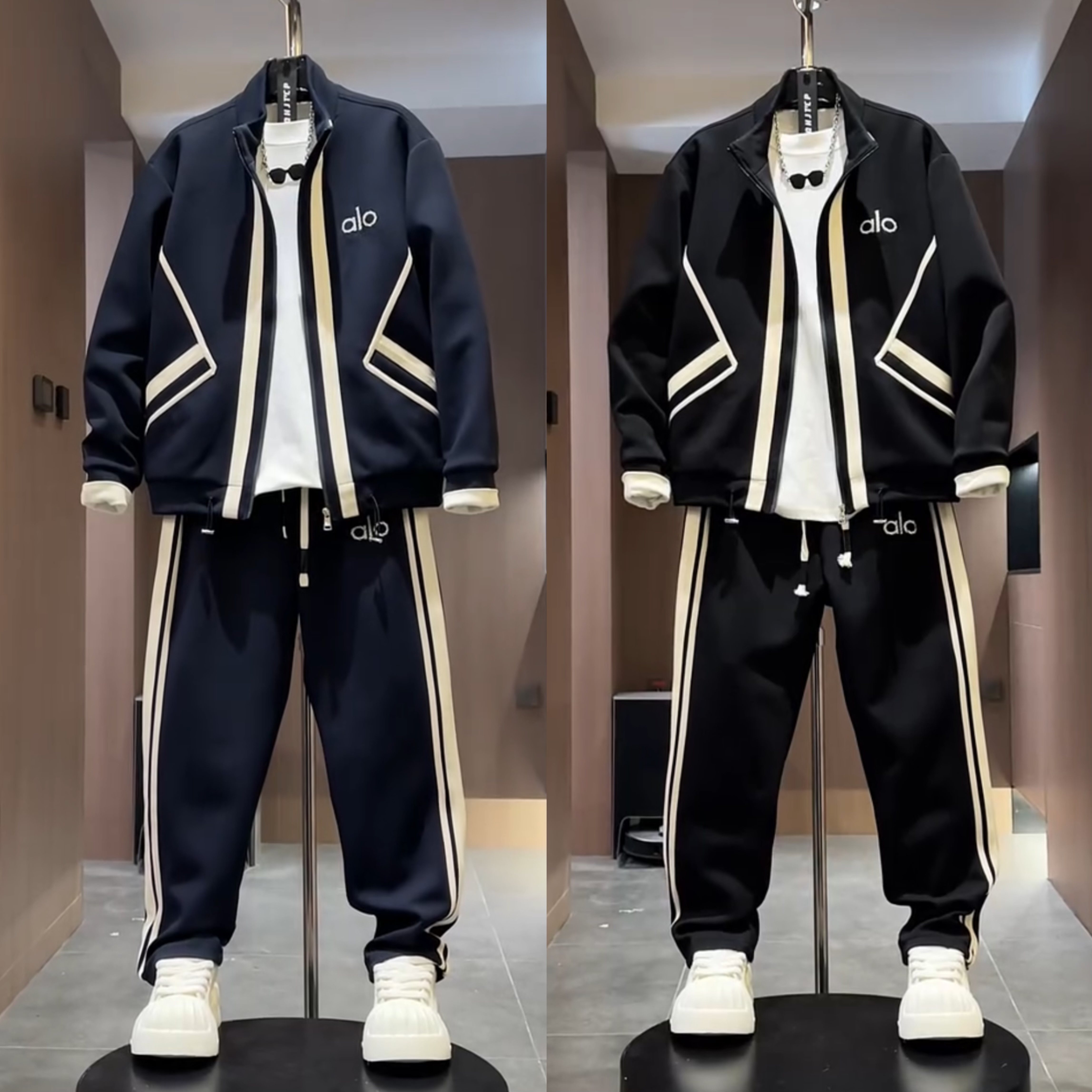 秋季条纹拼接空气层休闲运动套装男韩版潮流立领外套直筒裤两件套