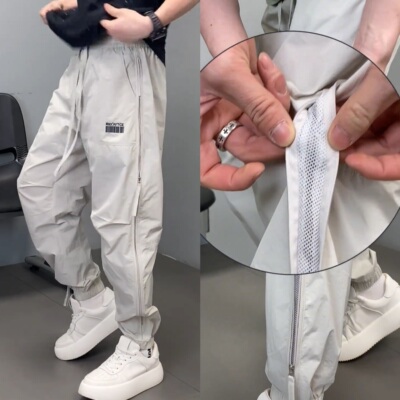 潮牌夏款抽绳拉链网格透气休闲裤