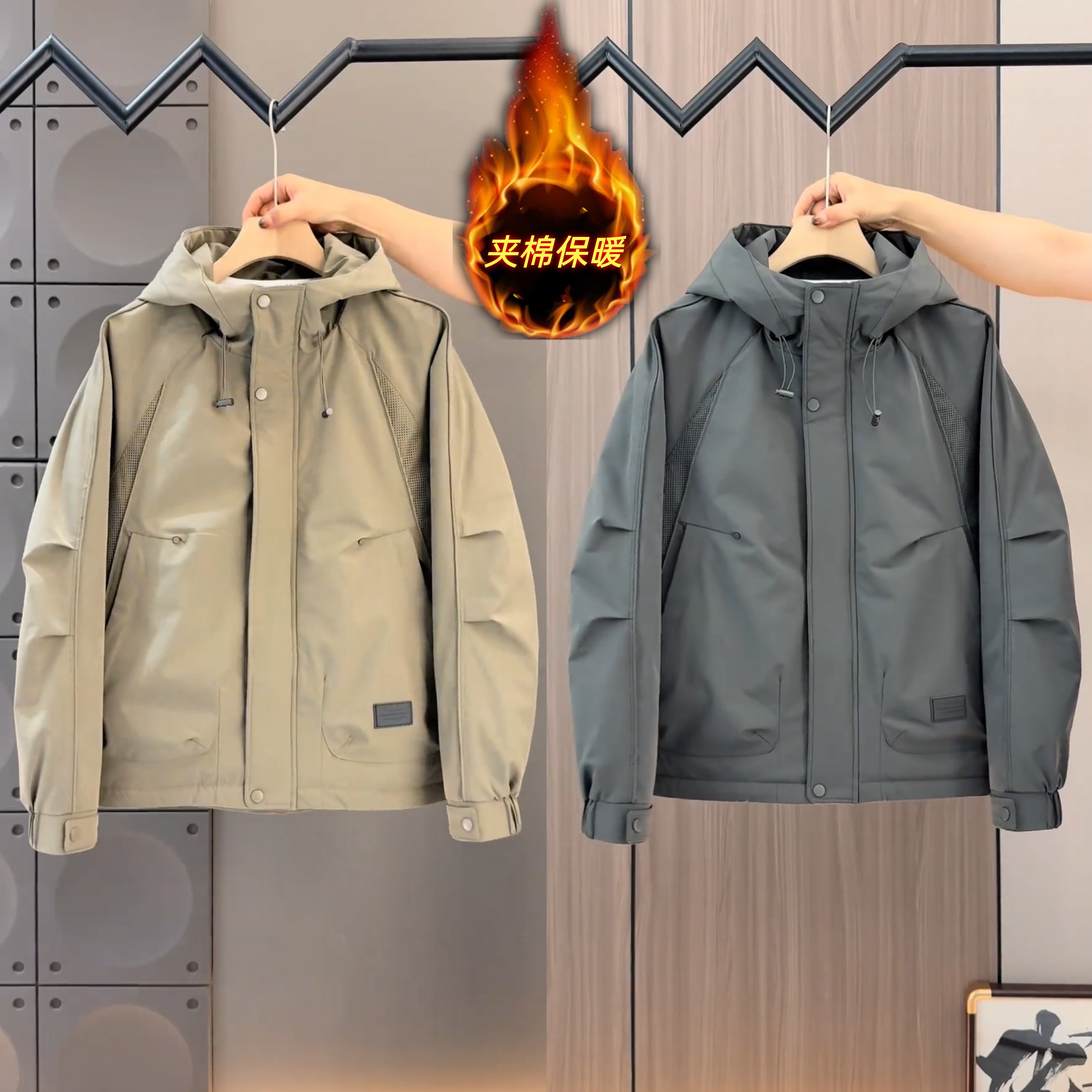 秋冬新款工装连帽棉服外套男保暖夹克宽松百搭二棉冲锋衣男士棉衣