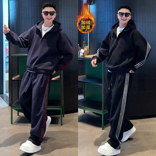 秋冬美式休闲加绒撞色运动套装男