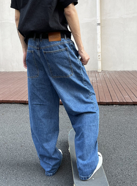 滑板宽松牛仔裤 水洗蓝色 情侣 美式街头 嘻哈街舞 BMX