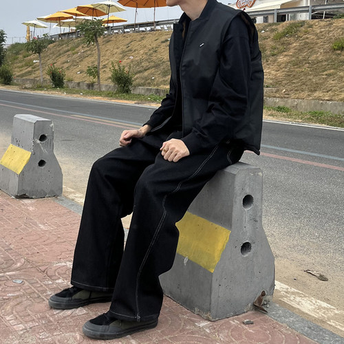 滑板裤子大直筒长裤明线微弹