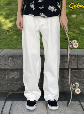 滑板风格白色裤子 大直筒 垂感 宽松 复古 OS 日系 街头 嘻哈 BMX