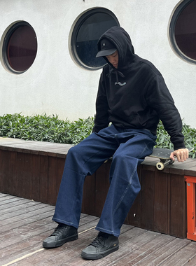 滑板牛仔长裤 深蓝大直筒裤子 微弹 明线 美式街头 BMX 嘻哈街舞