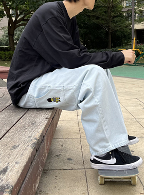 滑板水洗牛仔裤 宽松 刺绣 侧口袋 伐木法工裤 美式街头 BMX 街舞