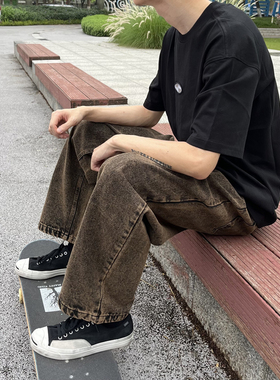 滑板水洗棕黑色牛仔裤 宽松 美式街头 坠感 情侣 嘻哈街舞 BMX