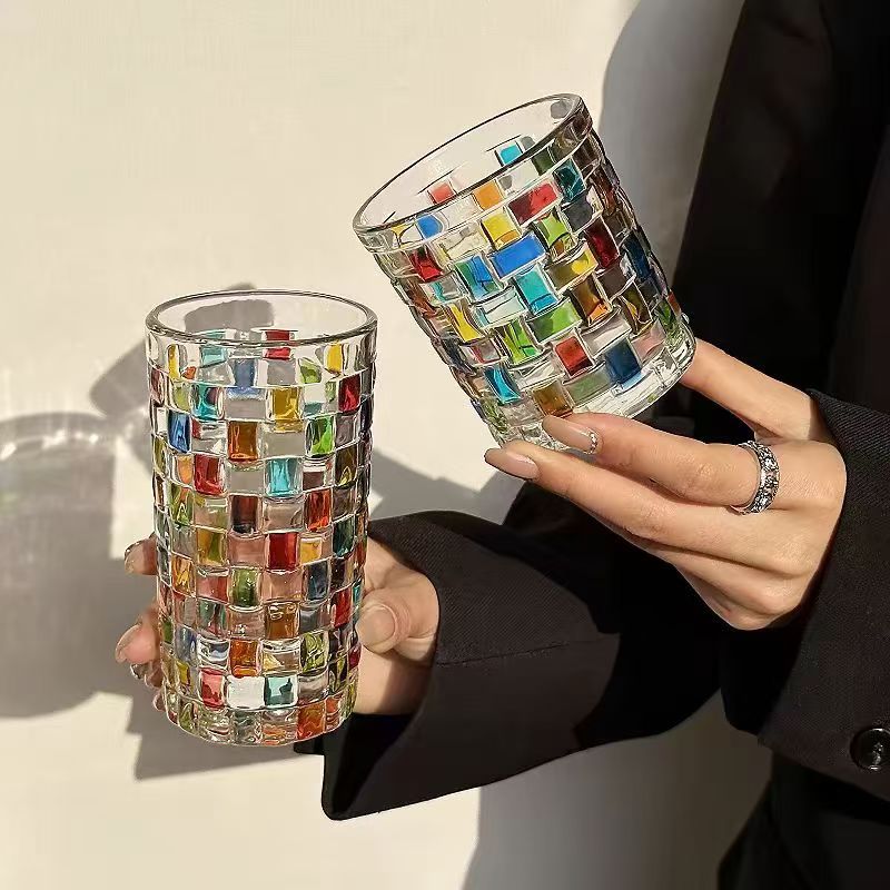 编织玻璃Cins手绘方块格子水杯