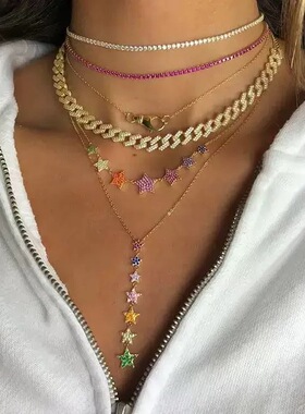 出口余铜锆欧美多层锁骨链女彩色五星珍珠叠戴颈链项链时尚小众
