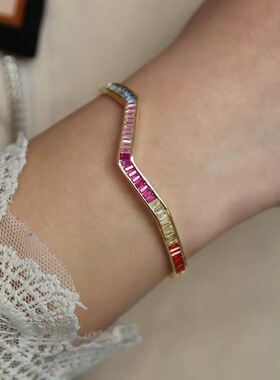 欧美风彩色宝石手链女金色小众长方锆石手镯