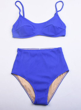 澳洲小胸聚拢海边度假高腰显瘦比基尼纯色分体泳衣女带胸垫bikini